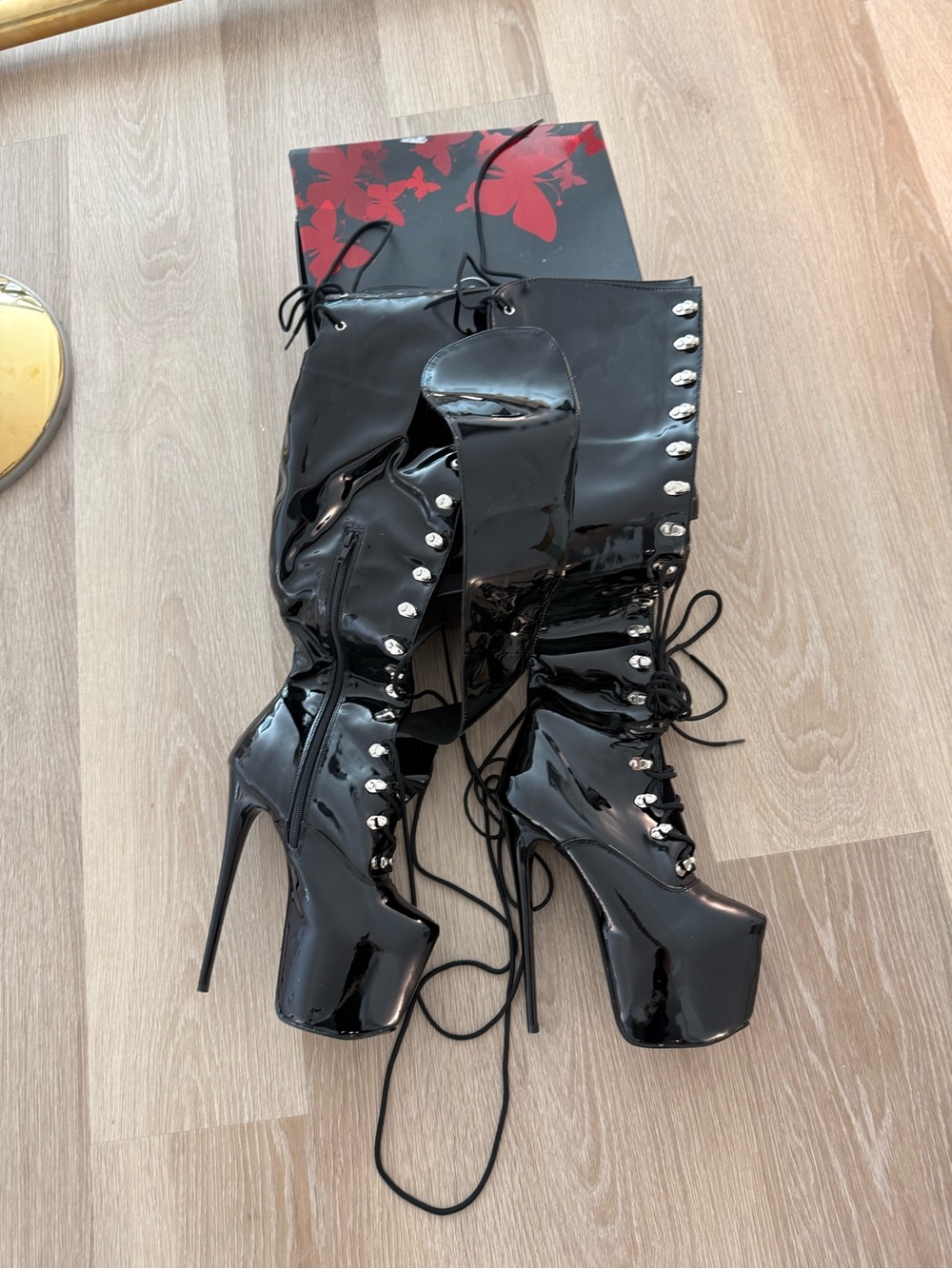 Pleaser Black Patent Lace-Up Over-the-Knee Platform Stiletto Boots